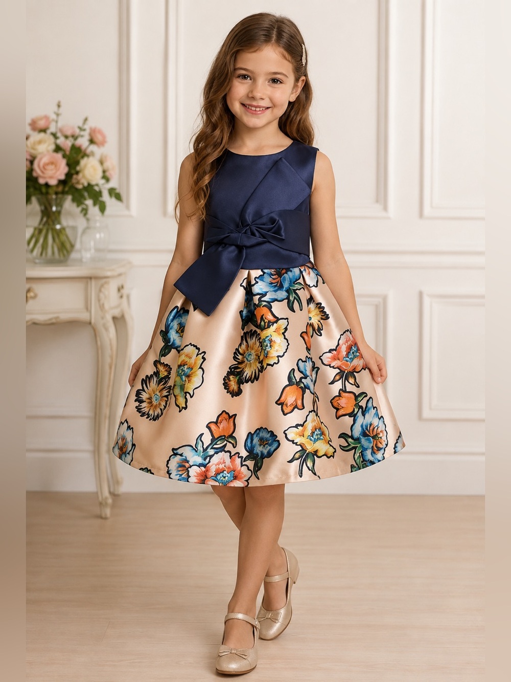 MOA Girls Size 140 Navy Gold Floral Bow Party Special Occasion Dress